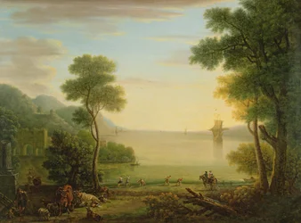 Klassische Landschaft mit Figuren und Tieren, Sonnenuntergang, 1754
